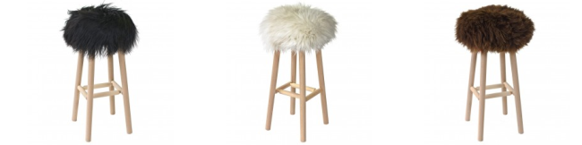 Gamme de tabouret en moumoute : noir, blanc ou marron.